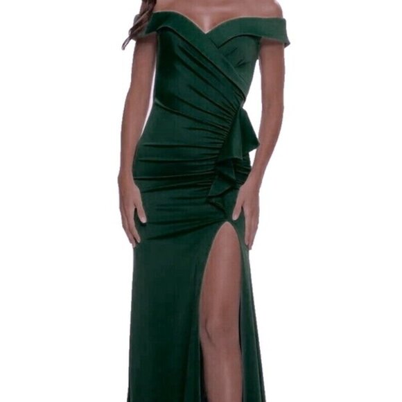 La Femme Emerald Green Off the Shoulder Gown - Picture 1 of 7